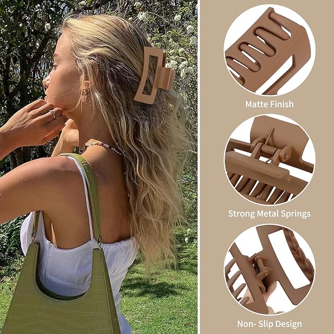 Sisiaipu 3.5 Inch Medium Hair Claw Clips 6 Pack Hair Clips for Women Square Rectangle Claw for Hair Banana Jaw Clips Hair Accessories for Girls -Coffee Brown