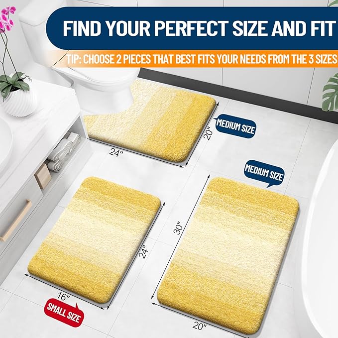 OLANLY Bathroom Rug Set 2 Piece, Soft Absorbent Microfiber Bath Mats and U-Shaped Contour Toilet Rug, Non-Slip, Machine Wash Dry, Plush Shaggy Bath Mats for Bathroom (30"x20"+24"x20", Yellow)