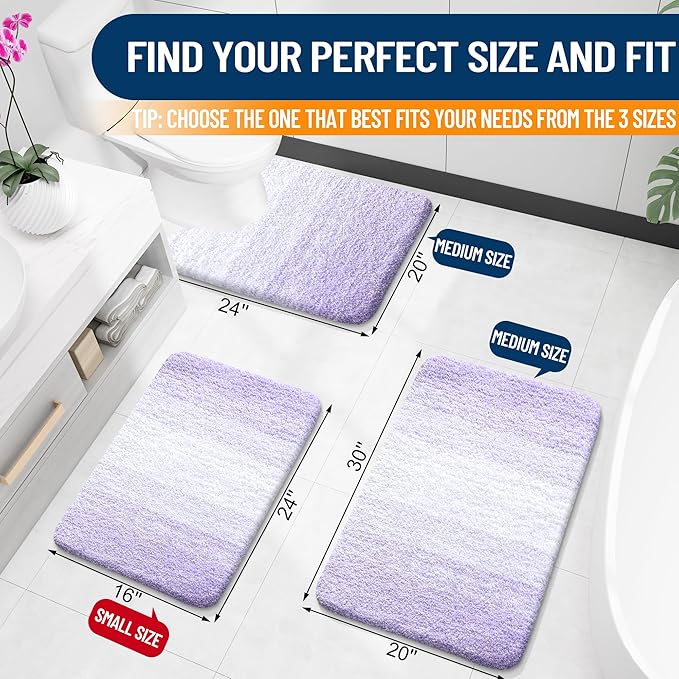 OLANLY Bathroom Rug Set 2 Piece, Soft Absorbent Microfiber Bath Mats and U-Shaped Contour Toilet Rug, Non-Slip, Machine Wash Dry, Plush Shaggy Bath Mats for Bathroom (30"x20"+24"x20", Light Purple)