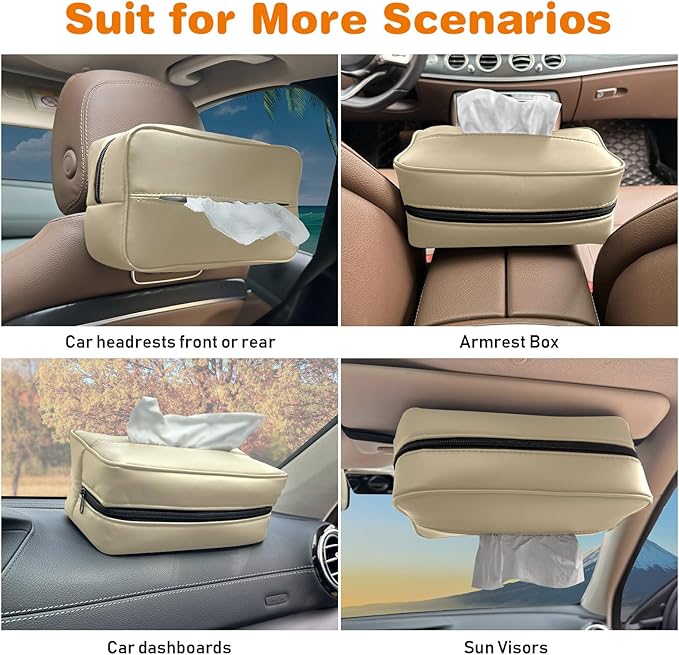 Large Car Tissue Holder for 120 Standard Tissues, Premium PU Leather Tissue Holder in Car Backseat Rectangular, Napkin Holder for Car Fits for Kleenex Tissues Box Daily Use Black (1, Beige)