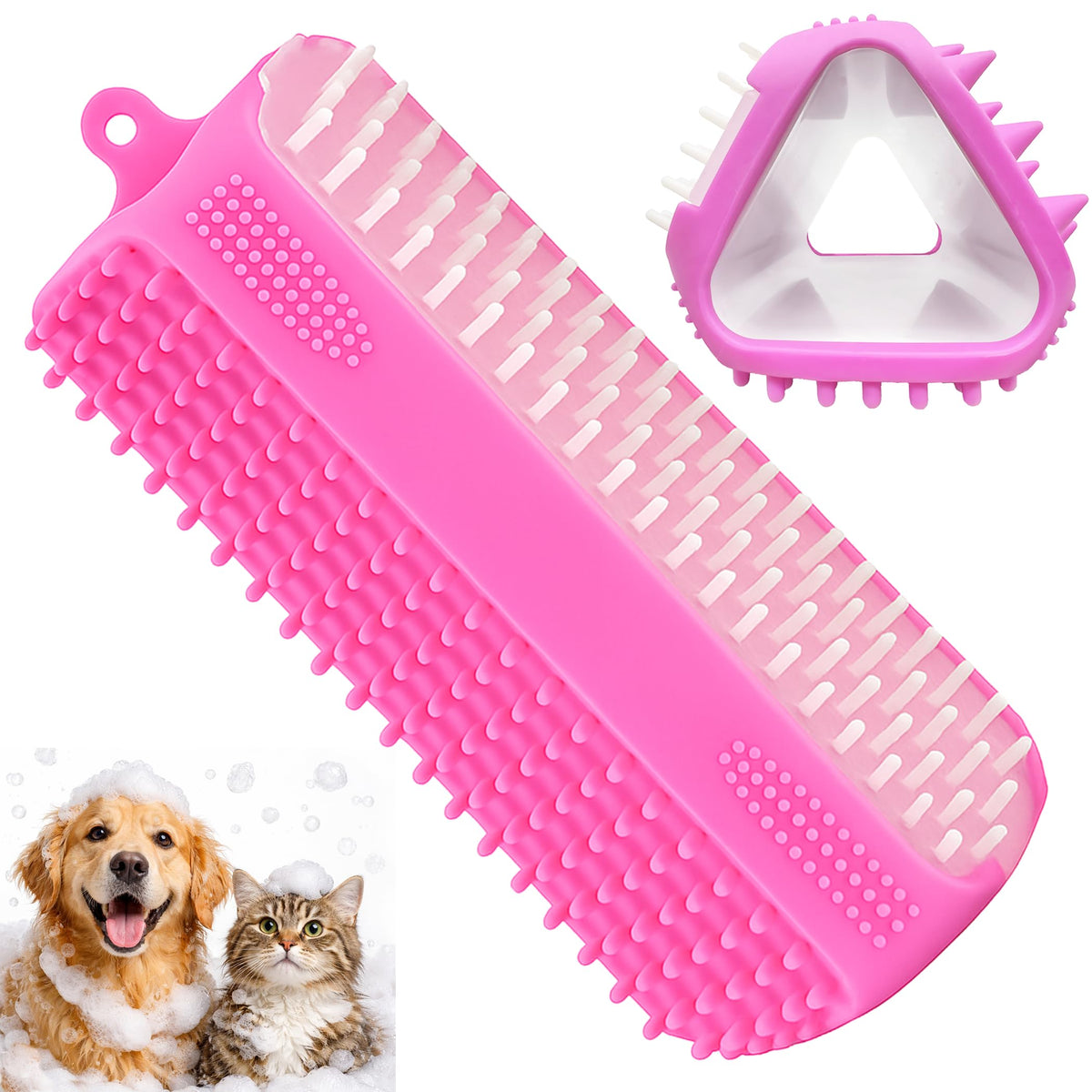 Triangular Wrap-Around Pet Grooming & Bath Brush for Dogs & Cats – 3-in-1 Silicone Dog Bath Brush with Deshedding Bristles, Massage Cones & Deep Cleaning Nubs, Soft Flexible Self-Cleaning Design,Gray