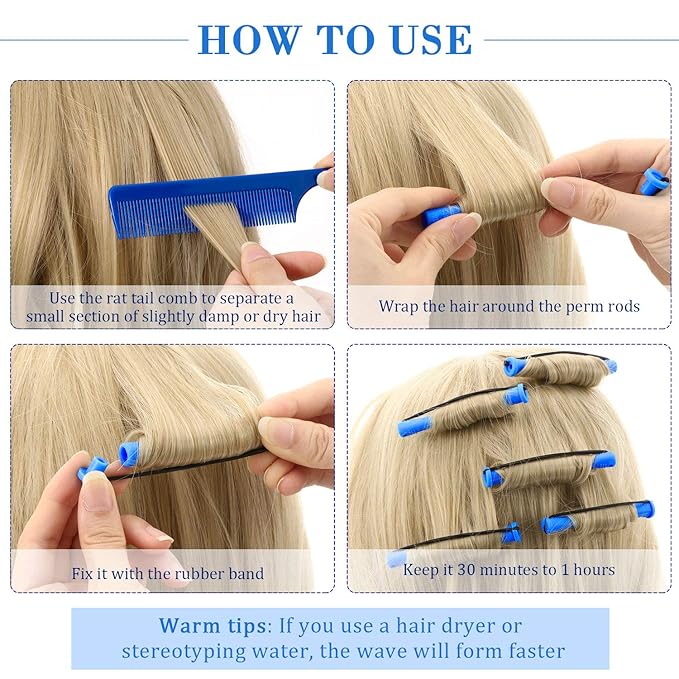 Chuangdi 24 Pcs Hair Perm Rods Plastic Cold Wave Perming Curlers Hair Rollers with Steel Pintail Comb Rat Tail Comb Tools for Hairdressing Styling(Blue,0.35 Inches)