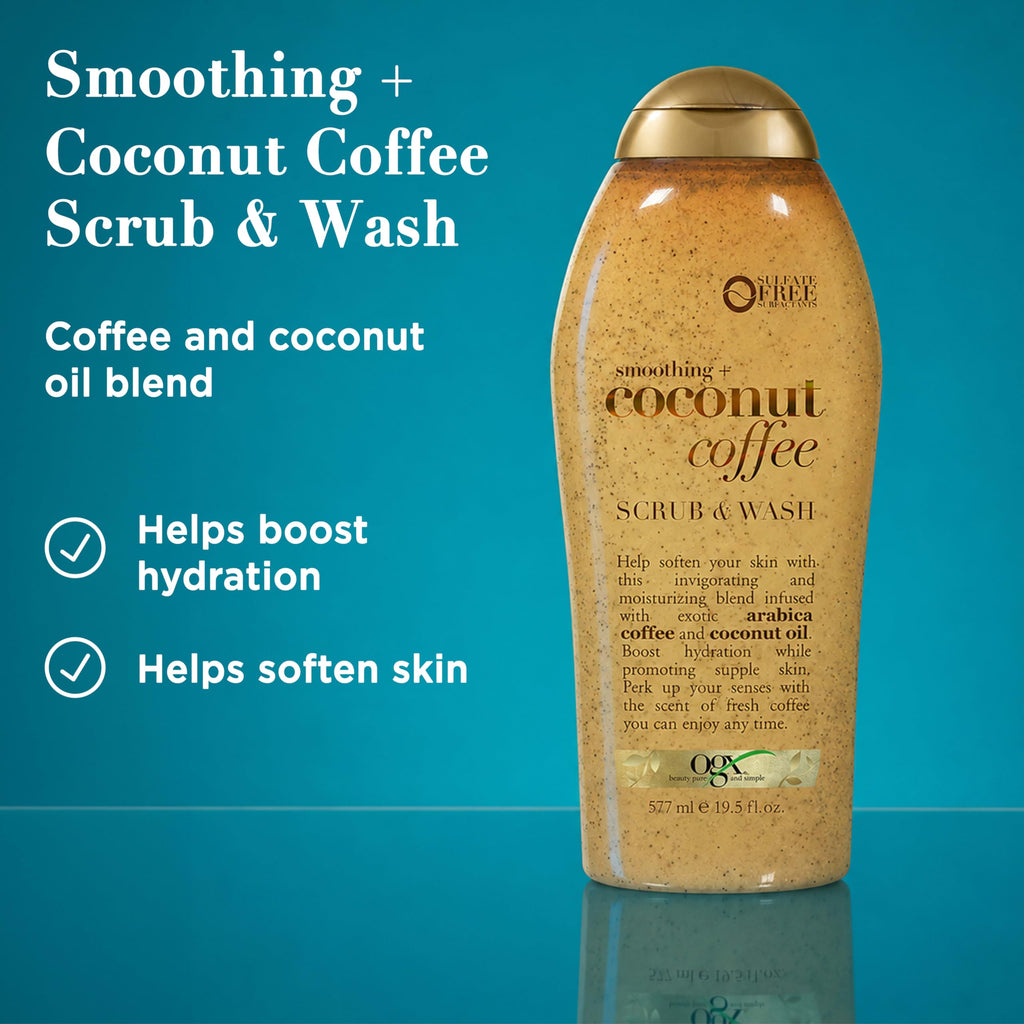 OGX Smoothing + Coconut Coffee Exfoliating Daily Body Scrub with Arabica Coffee & Coconut Oil, Hydrating & Moisturizing Body Wash for Dry Skin, Paraben-Free with Sulfate-Free Surfactants, 19.5 Fl Oz