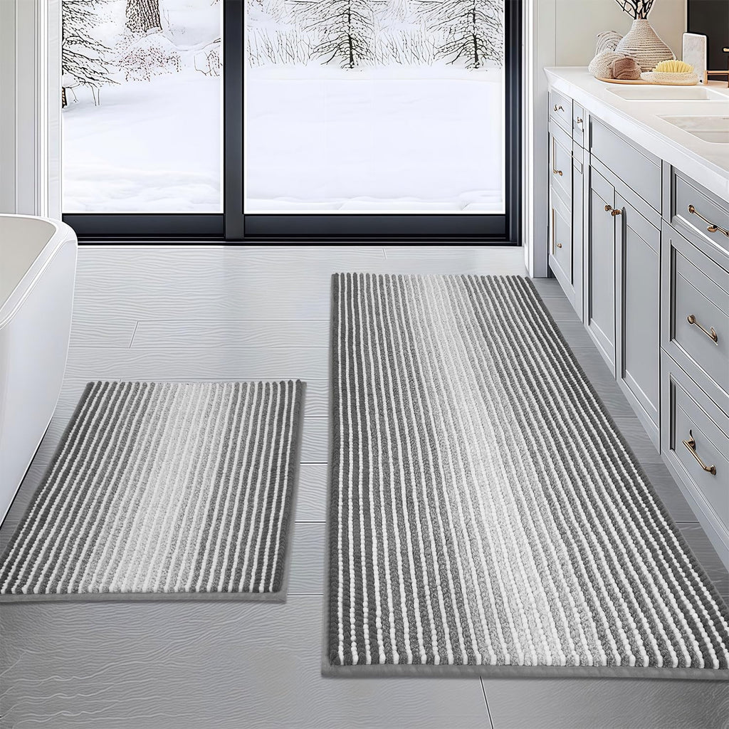 BSICPRO Bathroom Rugs and Mats Sets, 2 Piece Thick Absorbent Chenille Bath Mat Rug Set Non Slip, Soft Shaggy Bath Room Floor Mats for Bathroom, Machine Washable (Gray, 20" x 47" Plus 20" x 32")