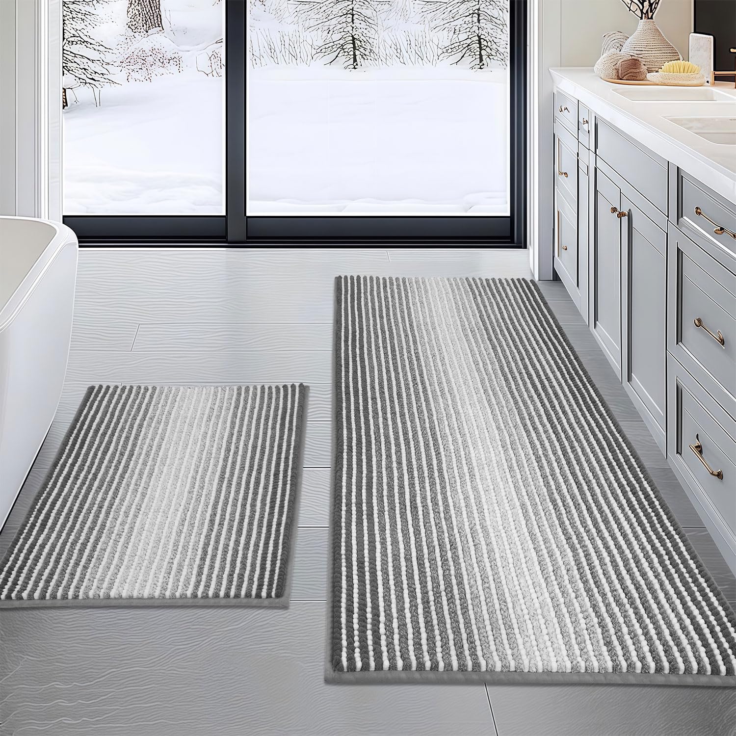BSICPRO Bathroom Rugs and Mats Sets, 2 Piece Thick Absorbent Chenille Bath Mat Rug Set Non Slip, Soft Shaggy Bath Room Floor Mats for Bathroom, Machine Washable (Gray, 20" x 47" Plus 20" x 32")