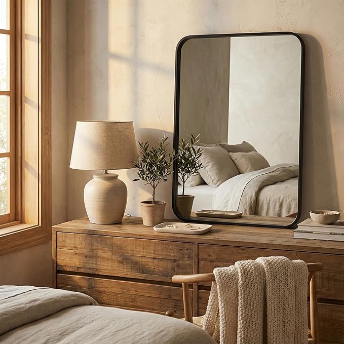 Pocetry 2-Pack 24x30 Inch Matte Black Rounded Rectangle Vanity Mirrors