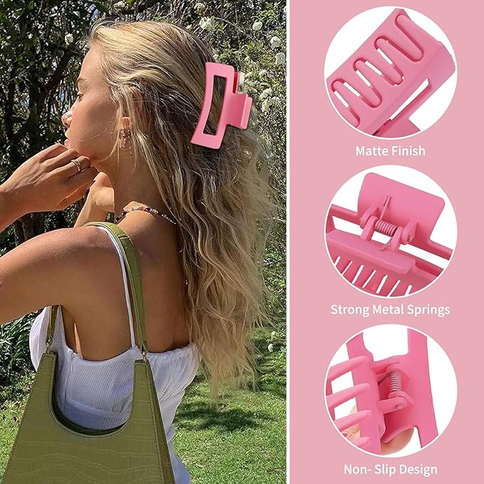 Sisiaipu 3.5 Inch Medium Hair Claw Clips 6 Pack Hair Clips for Women Square Rectangle Claw for Hair Banana Jaw Clips Hair Accessories for Girls (Pink)