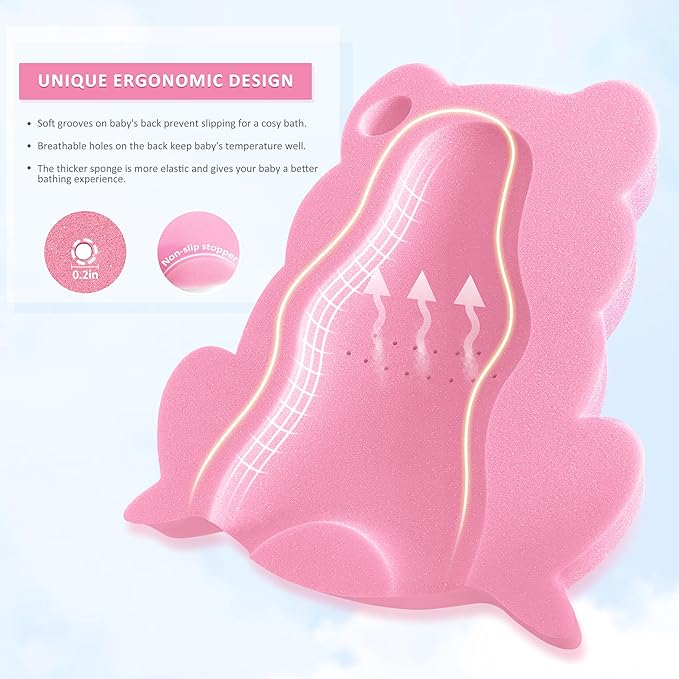 Baby Bath Sponge, Infant Comfy Soft Bath Sponges Mat, Natural Cute Shapes Skid-Proof Bathing Cushion for Toddler & Newborn, 4pcs Shape Style: Blue Dolphin, Pink Shell, Green Turtle and Big Pink Frog