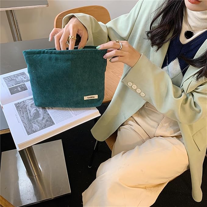 Gardsell Cosmetic Bags for Women - Corduroy Cosmetic Bag Aesthetic Women Handbags Purses Smile Dots Makeup Organizer Storage Makeup Bag Girls Case Bags (Pure Dark green)