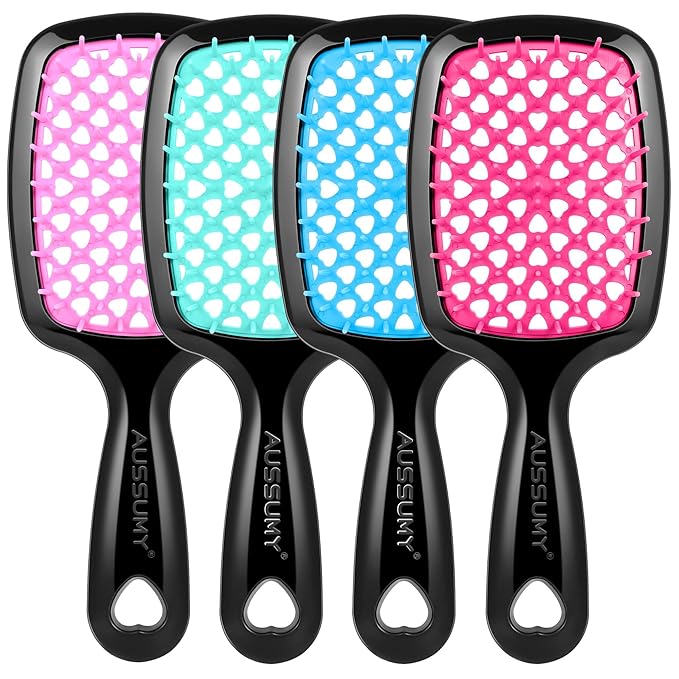 Aussumy 4 Pack Vented Detangling Hair Brush - Detangler Hairbrush with Soft Bristles for Effortless Tangle Free - Ideal for Wet Dry or Curly Damaged Hair for Women Men Kids