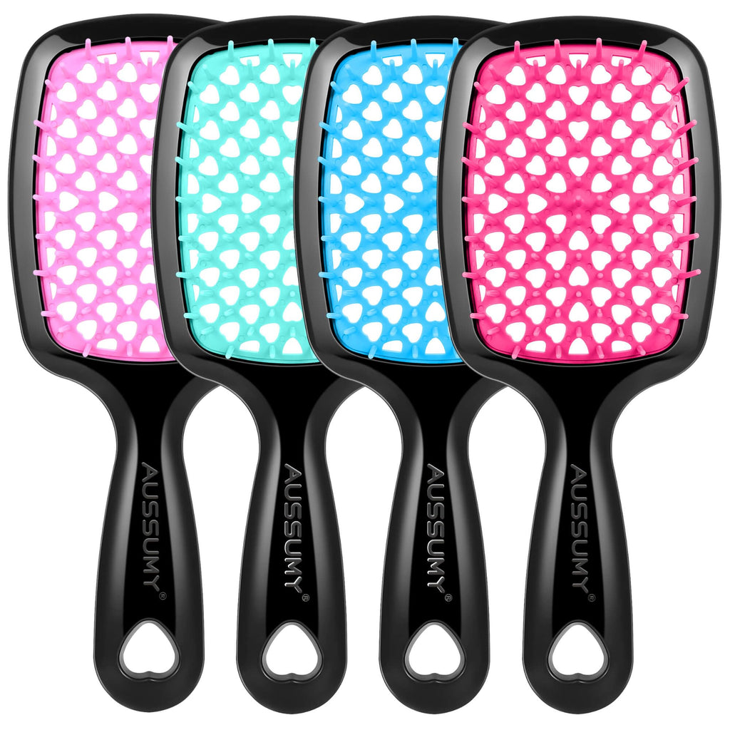 Aussumy 4 Pack Vented Detangling Hair Brush - Detangler Hairbrush with Soft Bristles for Effortless Tangle Free - Ideal for Wet Dry or Curly Damaged Hair for Women Men Kids