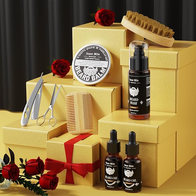 Isner Mile Dad Gifts Fathers Day Husband: from Wife Daughter, Beard Grooming Kit for Men with Beard Oil Balm Wash Brush Comb & Straight Razor, Stocking Stuffers Birthday Gifts for Men Him Boyfriend