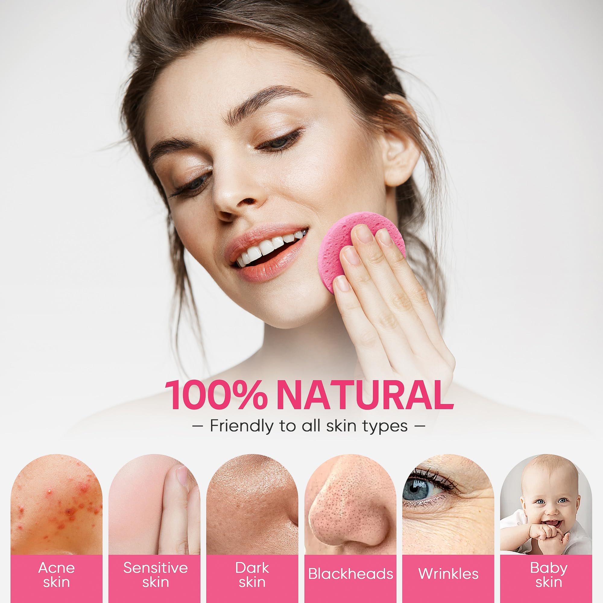 GAINWELL 50-Count Compressed Facial Sponge for Daily Facial Cleansing and Exfoliating, 100％ Natural Cosmetic Spa Sponges for Makeup Remover, Reusable, Pink