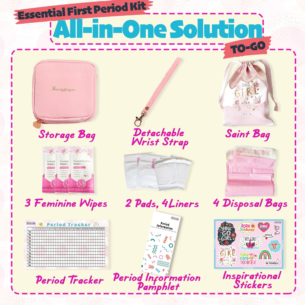 multipieyo Essential First Period Kit for Girls 10-12 | Period Bags for Teen Girls for School | First Period Gift with Sanitary Pad Storage Bag, Wipes, Period Tracker and More(Pink)