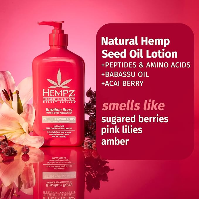 Hempz Brazilian Berry Beauty Actives Lotion with Peptides and Amino Acids,Hydrating and Firming Moisturizer for Body,Hands-and Feet 17 oz.,(Pack of 2)