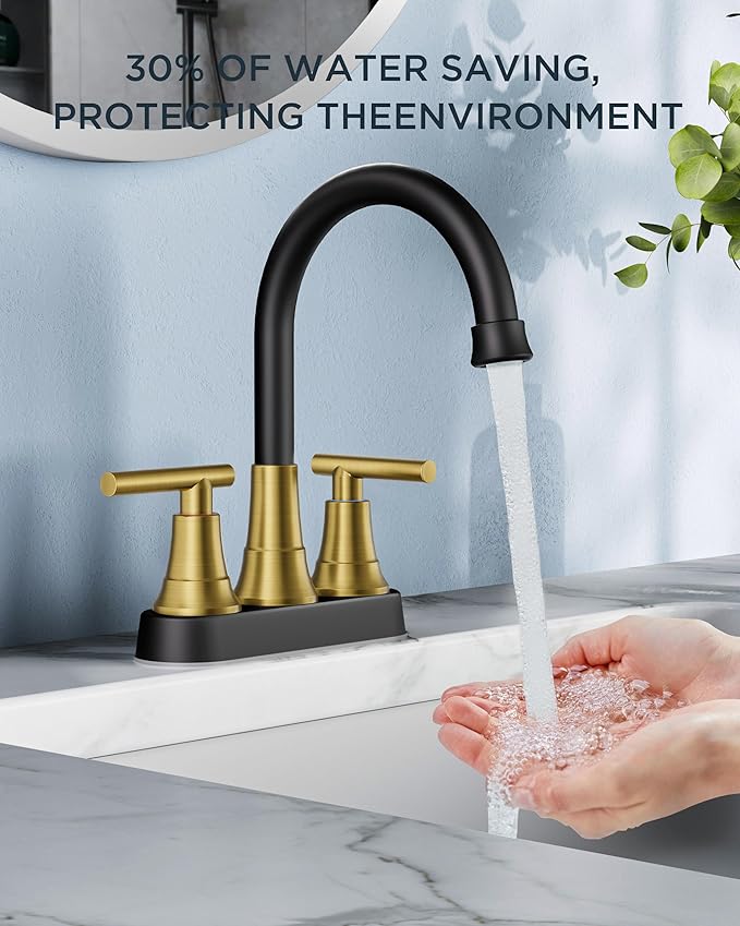 FORIOUS Black and Gold Bathroom Faucets, 4 Inch Centerset Bathroom Sink Faucet 2 or 3 Hole with Pop up Drain and cUPC Hose, Two Handles Control, 360° spout for Restroom,Vanity, RV