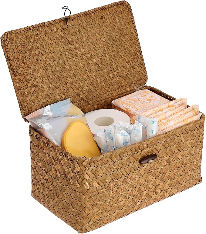 Sumnacon Wicker Basket with Lid Rectangle Woven Baskets for Toiletries Tampon Storage,Wicker Storage Basket with Lid,Decorative Seagrass Storage Baskets for Shelf Bathroom Toilet Table, Caramel
