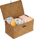 Sumnacon Wicker Basket with Lid Rectangle Woven Baskets for Toiletries Tampon Storage,Wicker Storage Basket with Lid,Decorative Seagrass Storage Baskets for Shelf Bathroom Toilet Table, Caramel