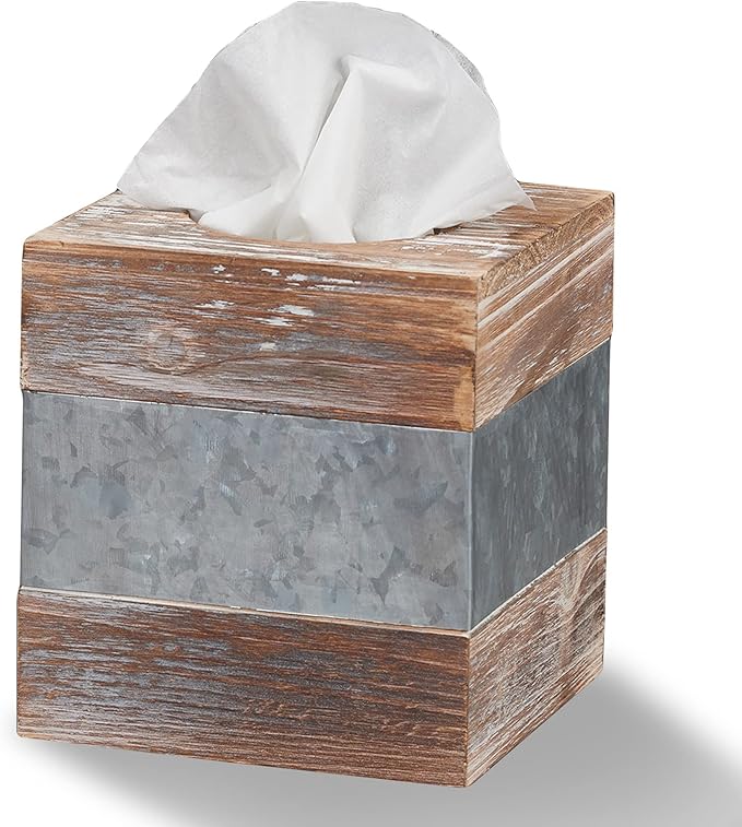 Barnyard Designs Rustic Wood and Metal Tissue Box Cover Holder, 6"x6"