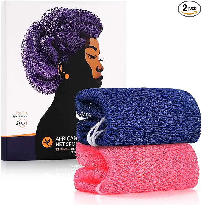 KINGMAS African Net Sponge, Authentic Nylon with Knots, 2 Pieces Exfoliating Body Scrubber Bath Sponge, Back Scrubber Washcloth for Shower, Body Care Bathing (Blue & Pink)