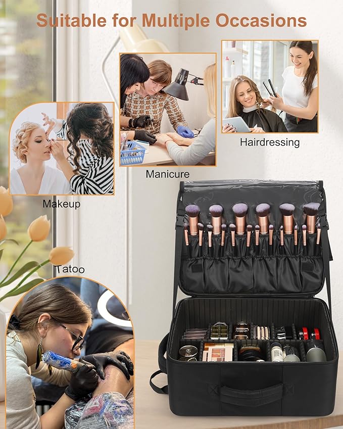 Relavel Makeup Backpack with Clear Makeup Bags, Extra Large Travel Train Case Makeup Artist Kit Set Bag with 4 Clear Bags, Storage Organizer Box with Dividers Cosmetic Hair Tools Barber Supplies