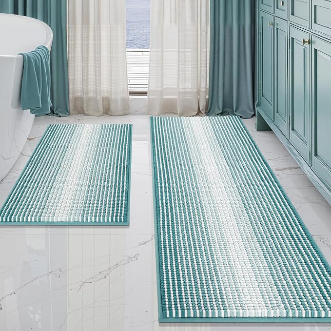 BSICPRO Bathroom Rugs and Mats Sets, 2 Piece Thick Absorbent Chenille Bath Mat Rug Set Non Slip, Soft Shaggy Bath Room Floor Mats for Bathroom, Machine Washable (Aqua Green, 20" x 60" Plus 20" x 32")