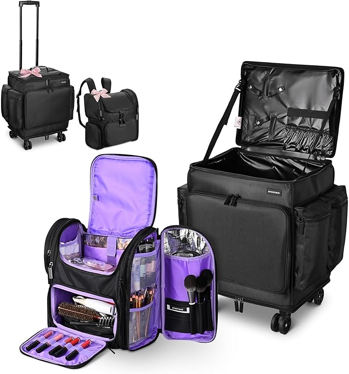 BYOOTIQUE Rolling Makeup Train Case with Backpack Travel Cosmetic Storage