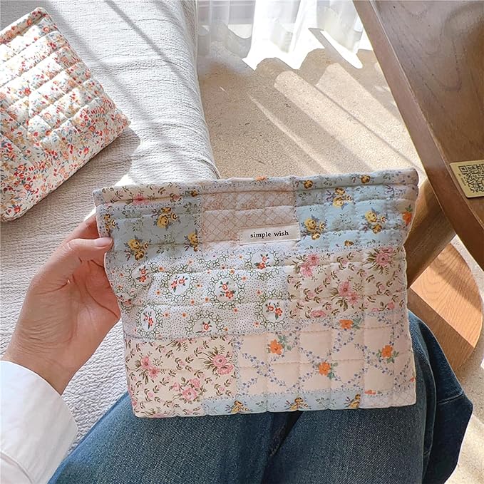 Sminra Quilted Floral Makeup Bag for Women, Cotton Cosmetic Pouch with Zipper, Slim Travel Toiletry Organizer for Makeup, Skincare and Daily Essentials Organizer (Blue Floral-L)
