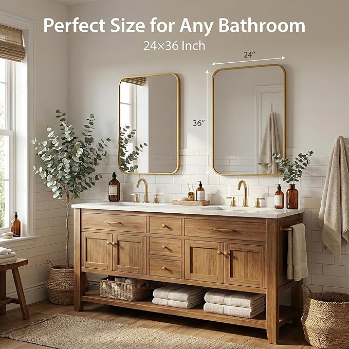 Pocetry 2-Pack 24x36 Inch Antique Gold Rounded Rectangle Vanity Mirrors