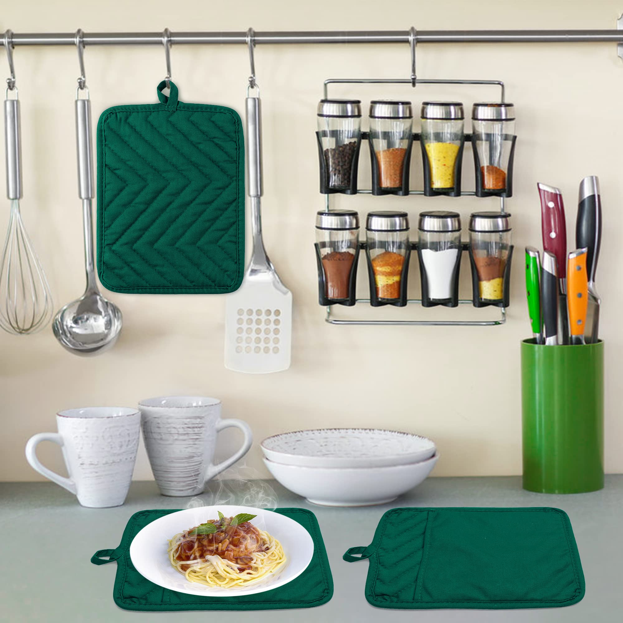 GROBRO7 5Pack Pocket Pot Holders Cotton Heat Resistant Potholder Multipurpose Hot Pads Machine Washable Oven Mitts Heat Pads for Daily Kitchen Baking and Cooking 8.9 x 6.9 in Dark Green
