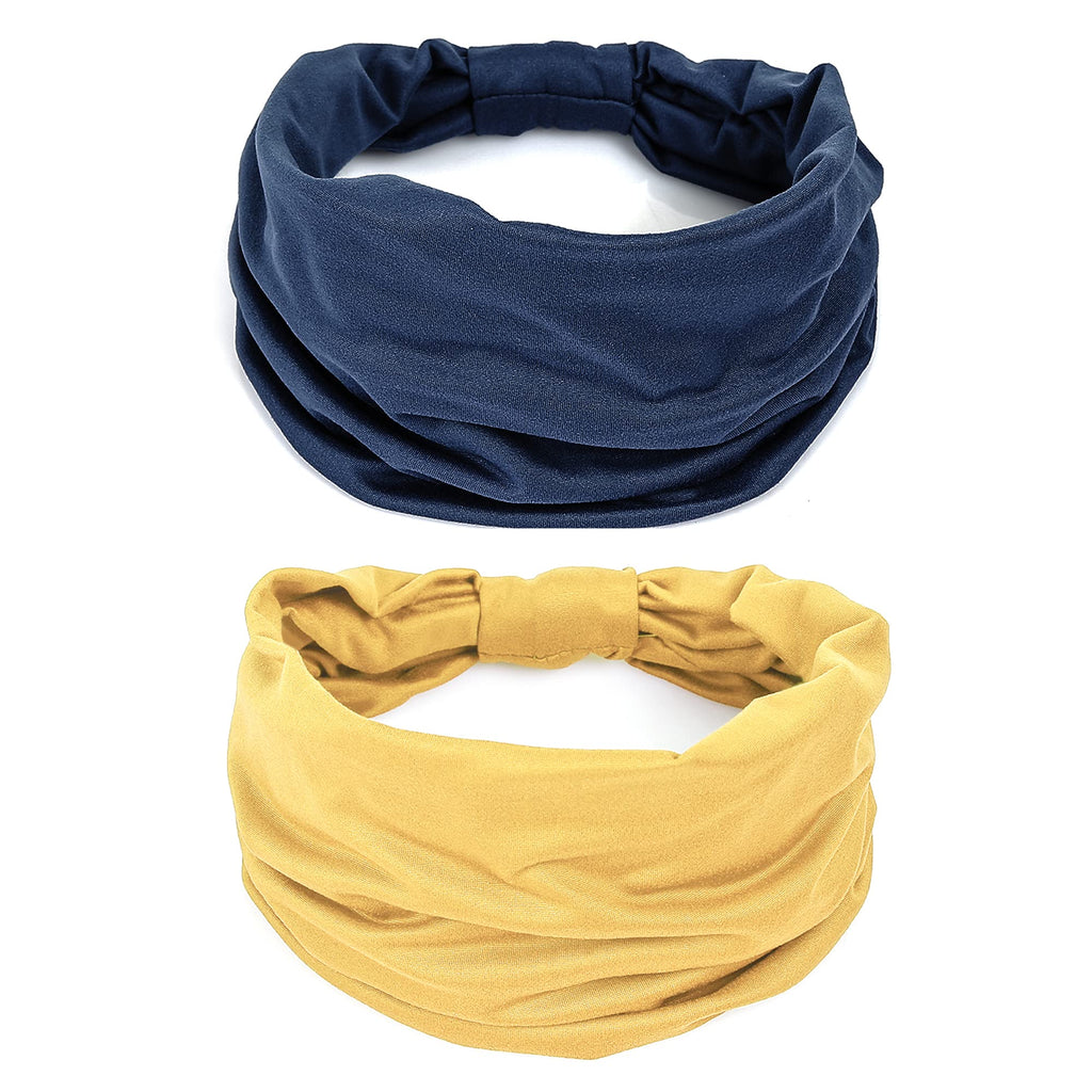 GiLi 2 Pack Wide Headbands for Women Boho African Knotted Non Slip Fashion Hair Bands Yoga Running Sports Workout Gym Head Wraps Elastic Soft Cotton Cloth Turbans Bandana for Girls(Yellow,Navy)