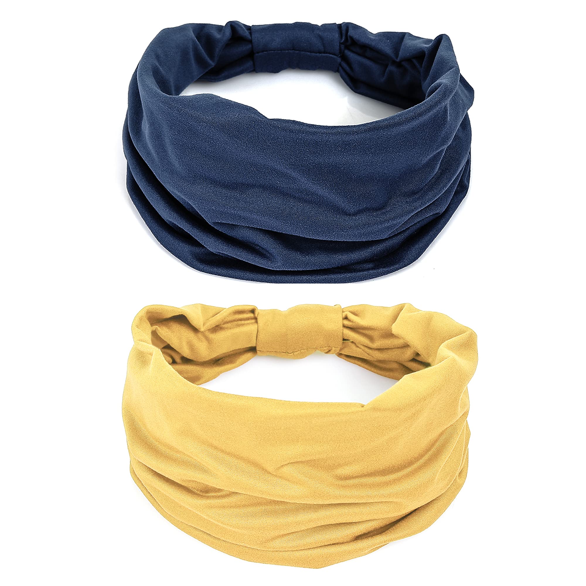 GiLi 2 Pack Wide Headbands for Women Boho African Knotted Non Slip Fashion Hair Bands Yoga Running Sports Workout Gym Head Wraps Elastic Soft Cotton Cloth Turbans Bandana for Girls(Yellow,Navy)