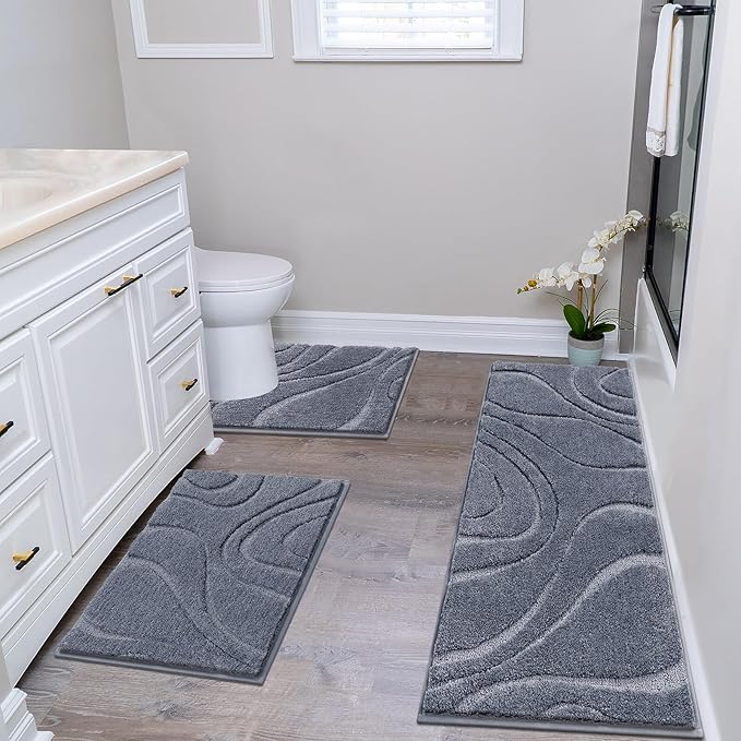 HEBE Bathroom Rug Sets 3 Piece, Non Slip Shower Mats with U-Shaped Contour Toilet Mat, Absorbent Microfiber Bath Mats for Bath Rugs, Washable Shaggy Floor Carpet, Dark Grey