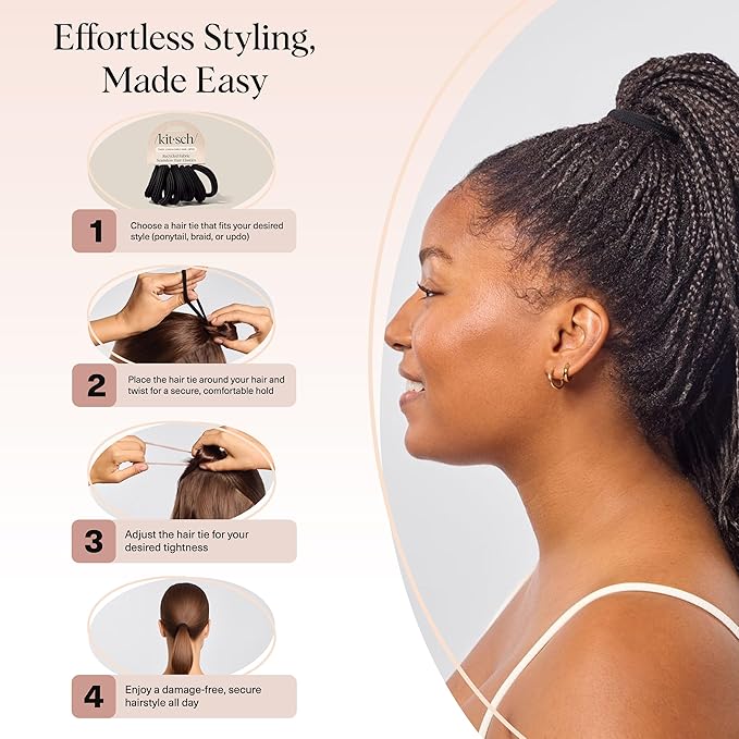 Kitsch Seamless Hair Ties No Damage - Stretchable Hair Bands for Strong All-Day Hold, Ponytail Holders | Hair Accessories for Girls - Black 8 Pcs