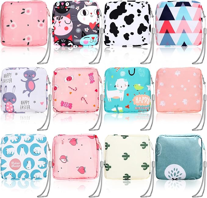 Paterr 12 Pcs Sanitary Napkin Storage Bag Set Including Portable Period Pouch Hand Wrist Strap Lanyard String Holder Tampons Holder Pouch First Period Gift for Purse Teen Girls (Chic Style)