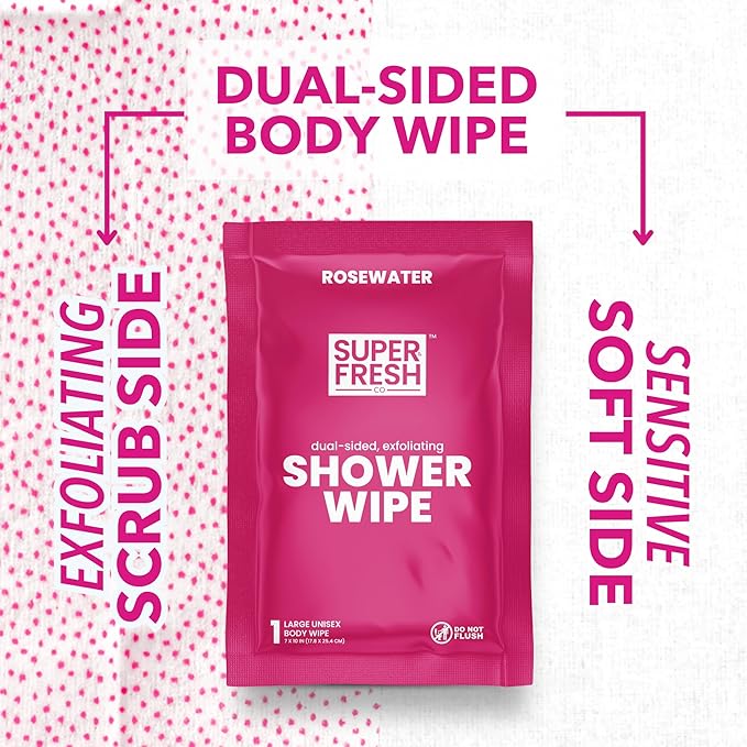 Super Fresh Shower Body Wipes, Travel Essentials for Camping, Large Rosewater Wipes for Adults, Women, Men, Kids Personal Hygiene Cloth Enriched with Aloe and Vitamin E, Individually Wrapped 10 Pack