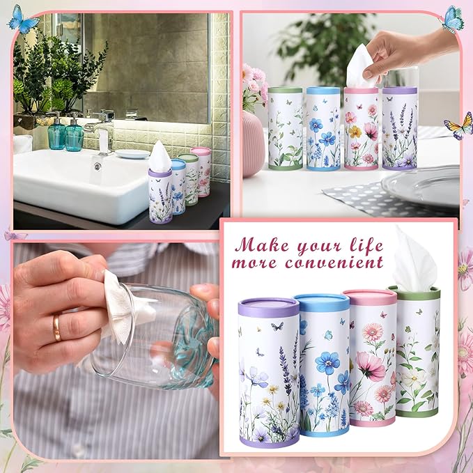 Fourluoo 12 Pack Car Tissue Cylinder Holder Bulk with 3 Ply Facial Tissues, Round Napkin Holders for Car Cup Holder Cylinder Travel Paper Tubes Bulk Round Napkin Boxes Packs(Classic Flower)