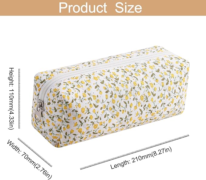 HHQQWZ Cute Floral Cotton Makeup Brush Cosmetic Bag for Women, Travel Quilted Zipper Make Up Bag, Flowers Toiletry Organizer Case Kawaii Makeup Cosmetic Travel Cloth Pouch (Yellow Floral)