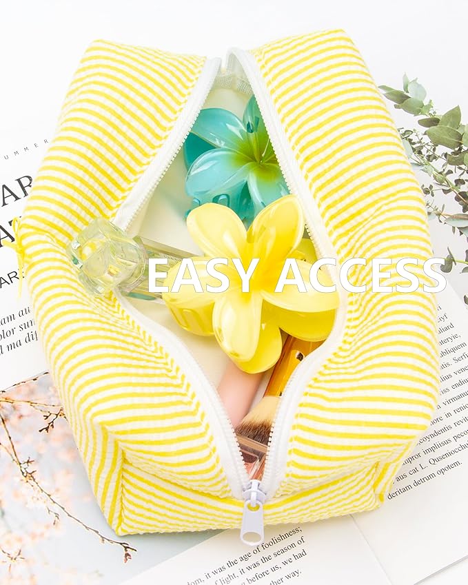Cozy Makeup Bag for Women,Zipper Cosmetic Pouch,Stripe Yellow,2 Pack