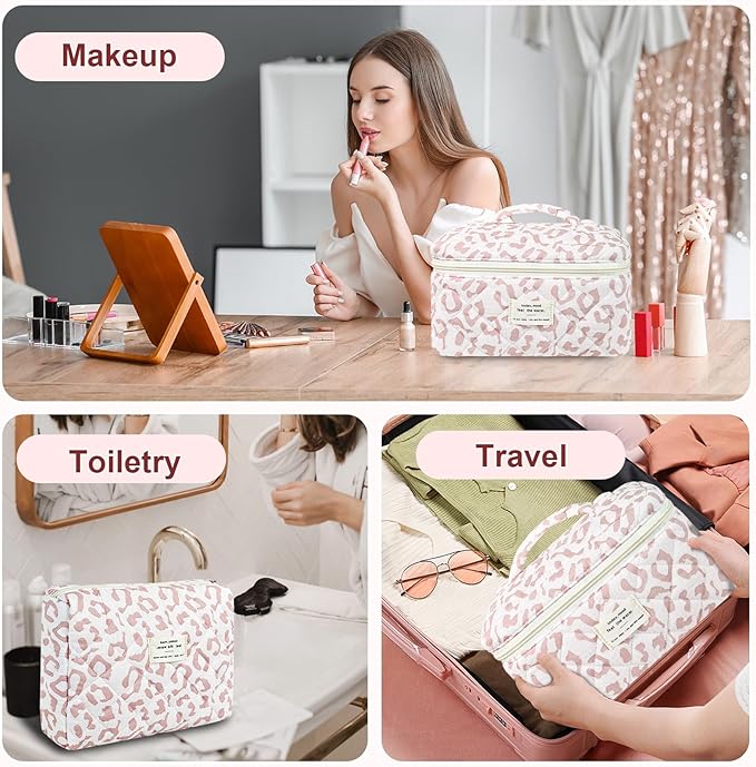 GISMTR 3Pcs Makeup Bag Cotton Quilted Travel Cosmetic Bag Cute Floral Makeup Pouch Large Toiletry Bag for Women Girls