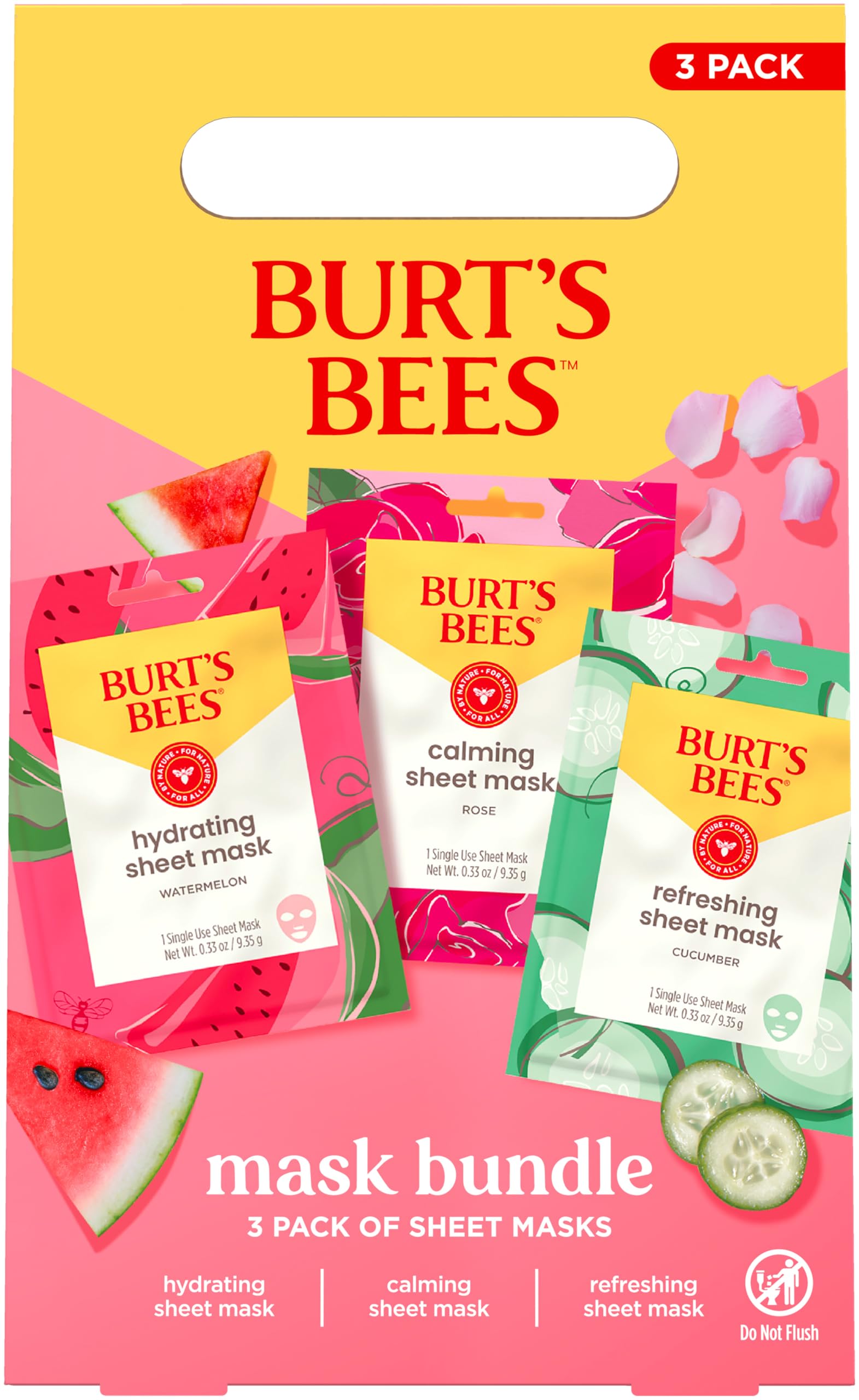 Burt's Bees Mothers Day Gifts, Face Mask Bundle Set, Hydrating Watermelon, Calming Rose, & Refreshing Cucumber, Face Sheet Masks for Single Use Skin Care, 99% Natural Origin, 3 Count, 0.33oz Each