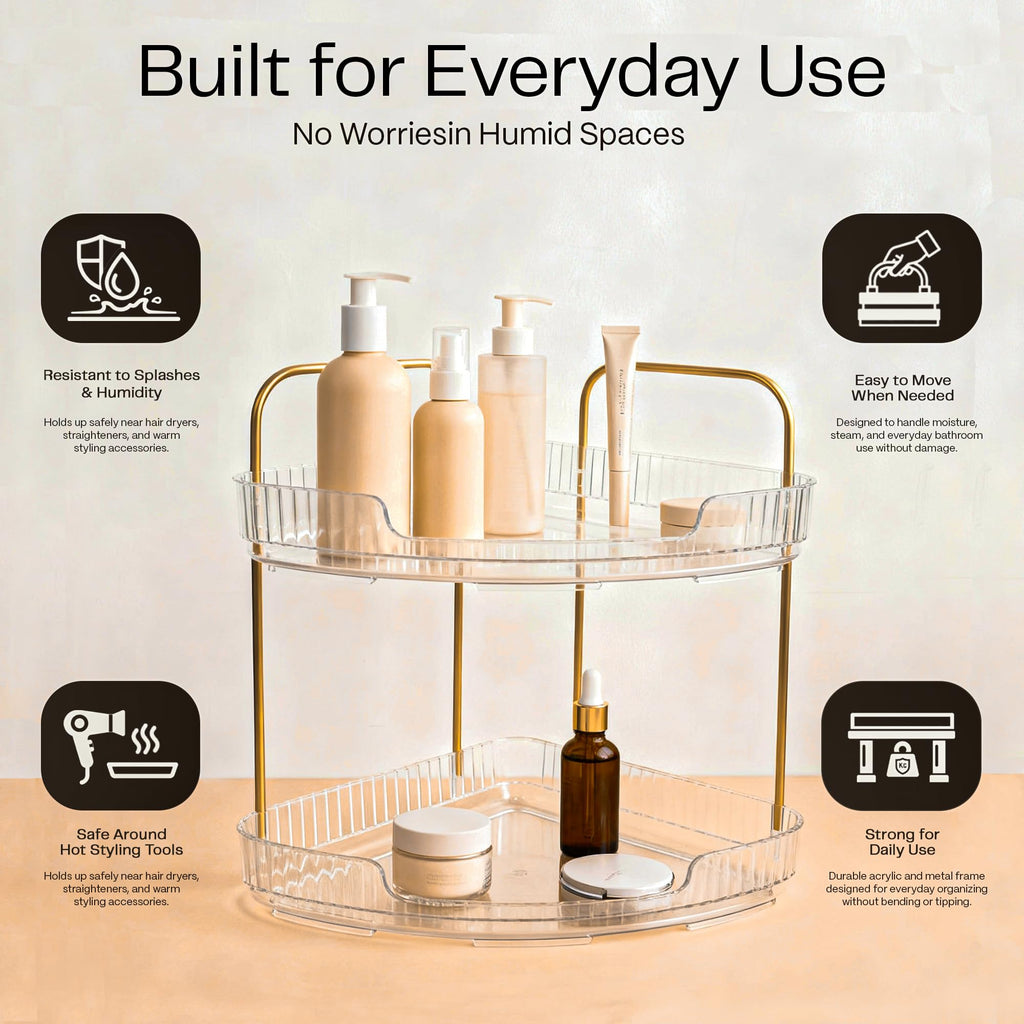 2-Tier Acrylic Corner Bathroom Organizer, 9" x 9" x 11" Large Round Countertop Shelf with Handle, Clear Acrylic Skincare & Makeup Storage Tray, Waterproof Vanity Organizer for Kitchen & Dresser