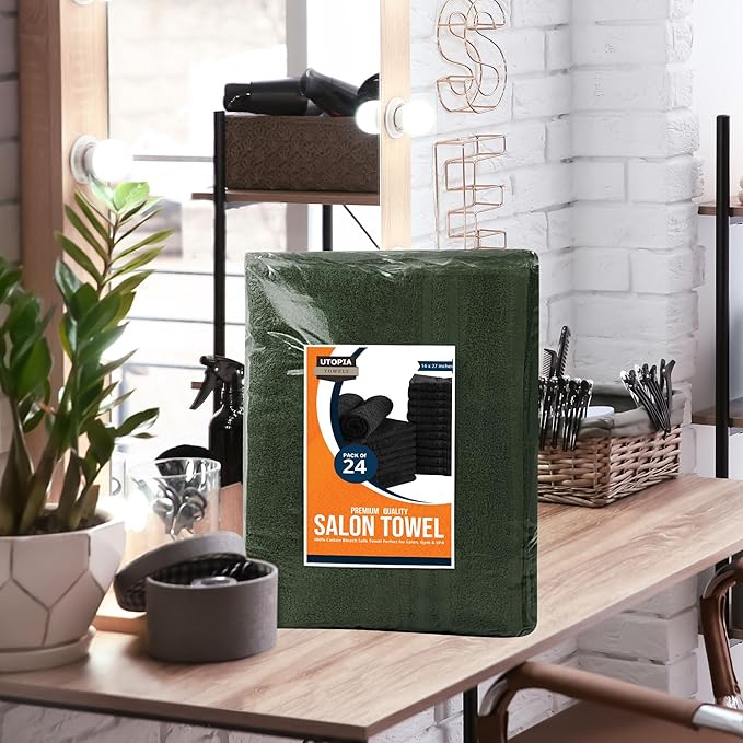 Utopia Towels Cotton Bleach Proof Salon Towel 16 by 27 inches, Bleach Safe 100% Cotton Hand Towel for Gym, 24 Pack, Forest Green
