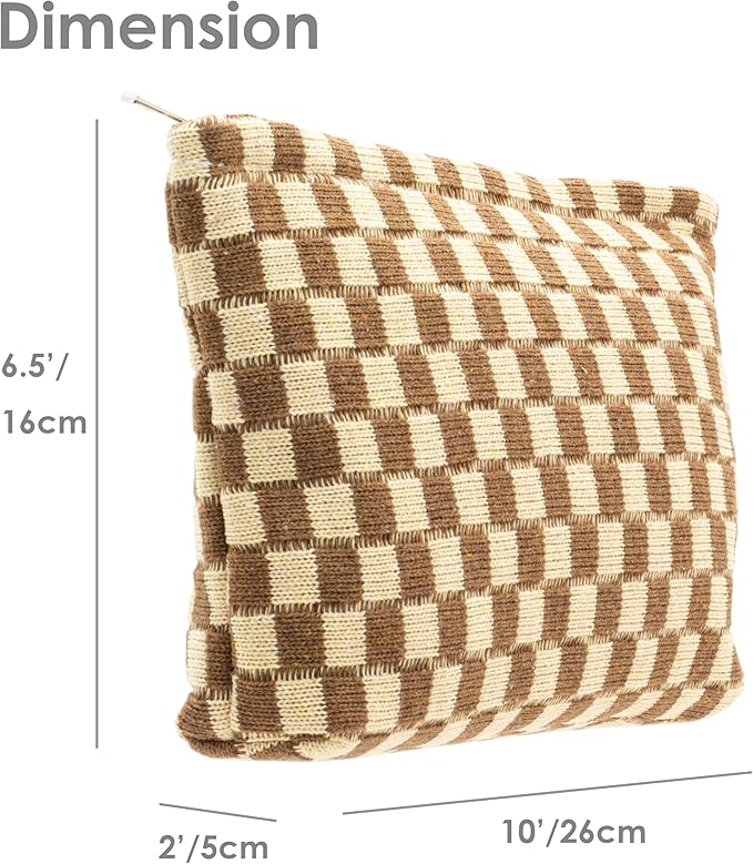 PAZIMIIK Knitted Checkered Makeup Bag Large Zipper Make Up Accessory Pouch for Purse Cosmetic Brush Bag for Travel Essential,Coffee