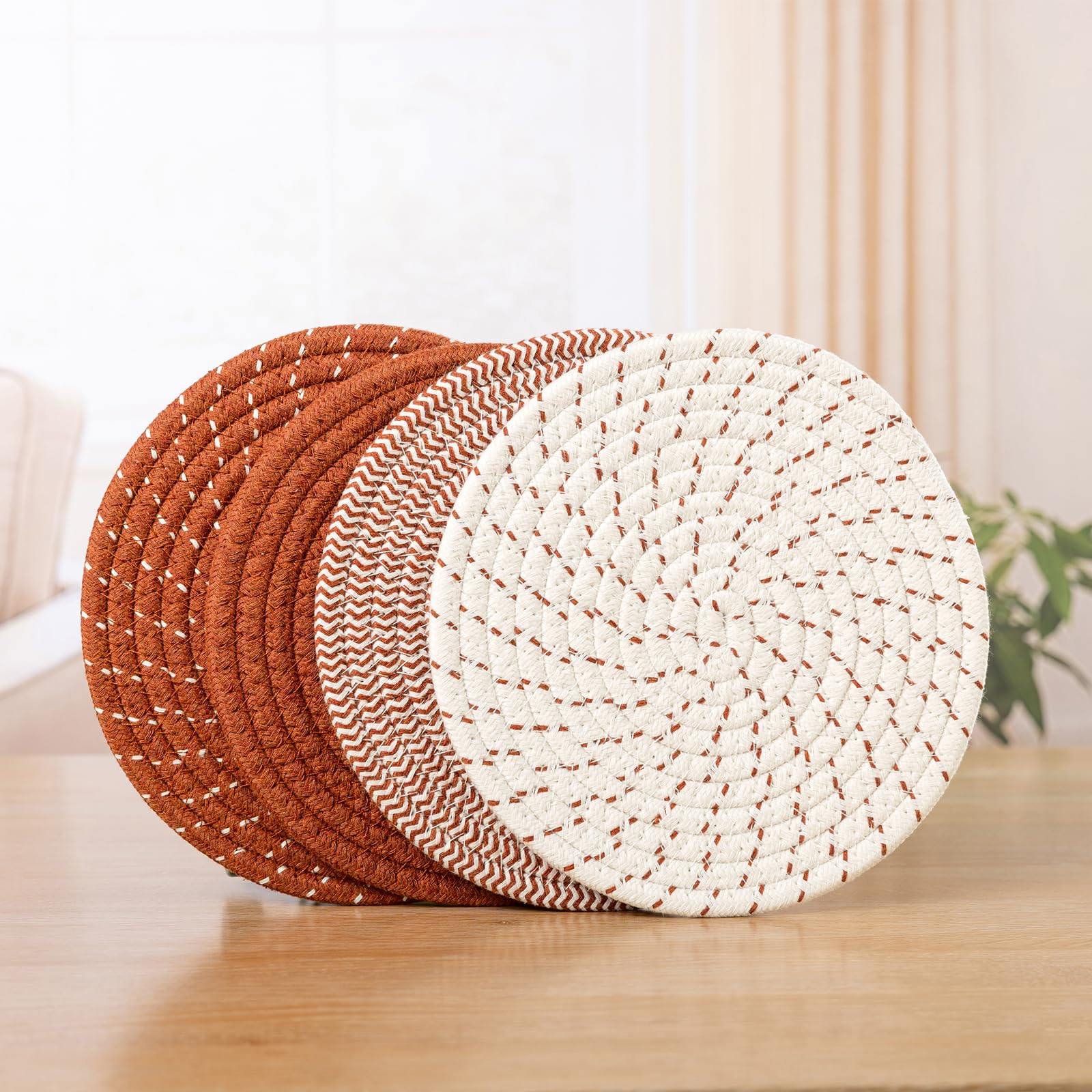 SHACOS 8 Inches Trivets for Hot Dishes, 4 Pieces Cotton Trivets Mats for Kitchen, Hot Pads for Countertops and Table, Heat-Resistant Pot Holders for Hot Pots and Pans(Dark Orange, 4pcs)