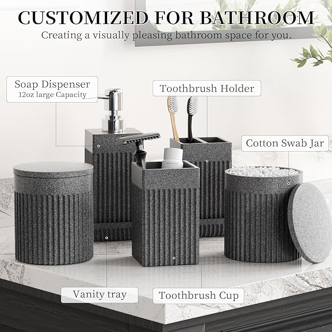 InnJoey 6-Piece Bathroom Set Grey - Stone Textured Resin Bathroom Organizer with Soap Dispenser, Toothbrush Holder, Vanity Tray, Tumbler & Cotton Swab Jars for Small Spaces