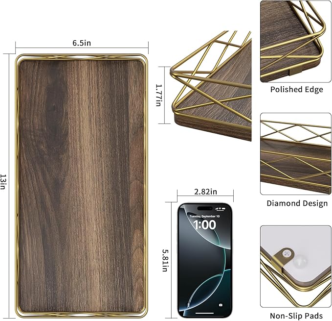 Toilet Paper Basket Holder, 13" Toilet Tank Tray, Wood and Metal Toilet Tray Vanity Organizer Bathroom Tray, Kitchen Sink Organizer for Soap Dispenser (Brown+Gold)