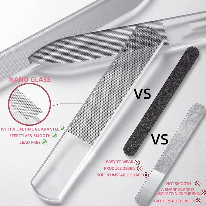 RedFlow Glass Nail File,Nail Buffer Set Contains 2 Nano Glass Nail Files and 1 Nano Glass Foot File,Professional Manicure Set,Nail Files for Natural Nails Removing Calluses