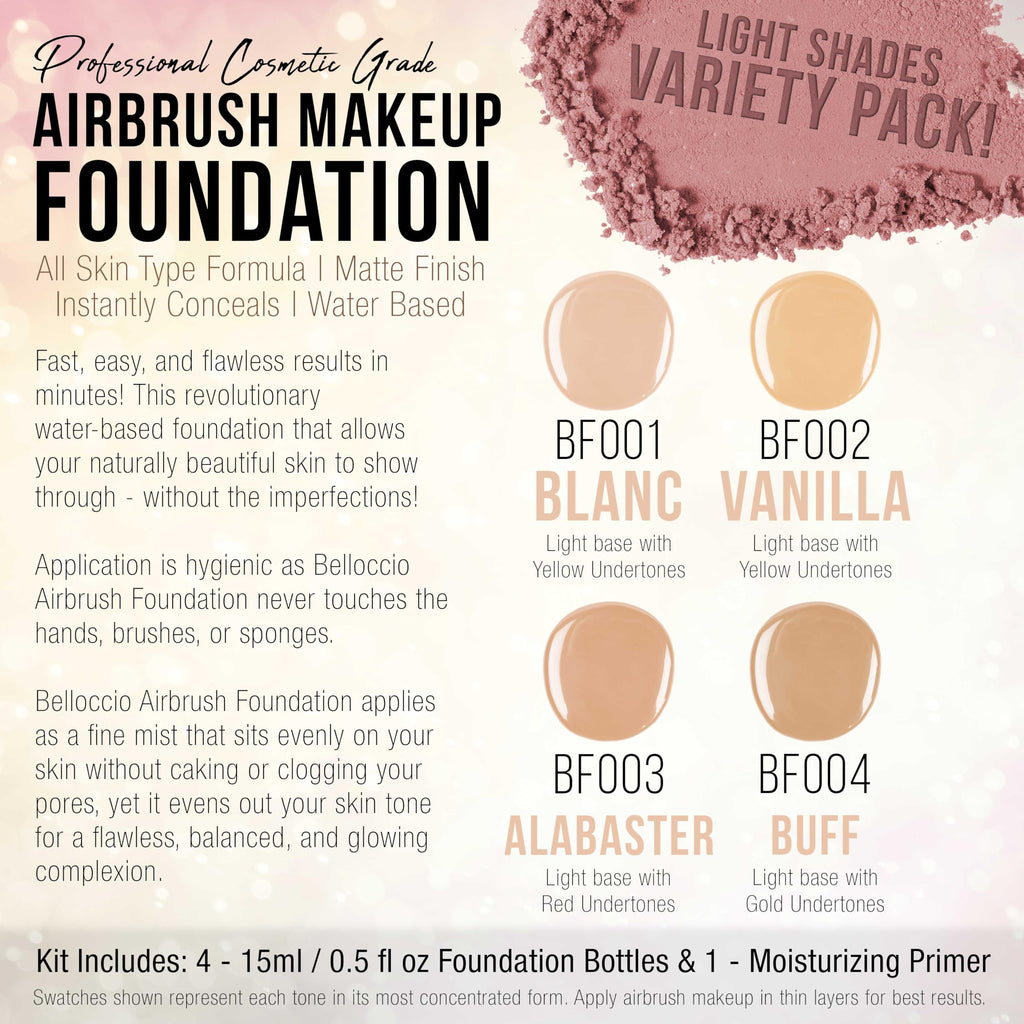 Belloccio Complete Cordless Handheld Airbrush Cosmetic Makeup System with 4 Fair Foundation Shades, Professional 18-Piece Kit, Moisturizing Primer, Blush, Bronzer, Highlighter, Concealer, User Guide