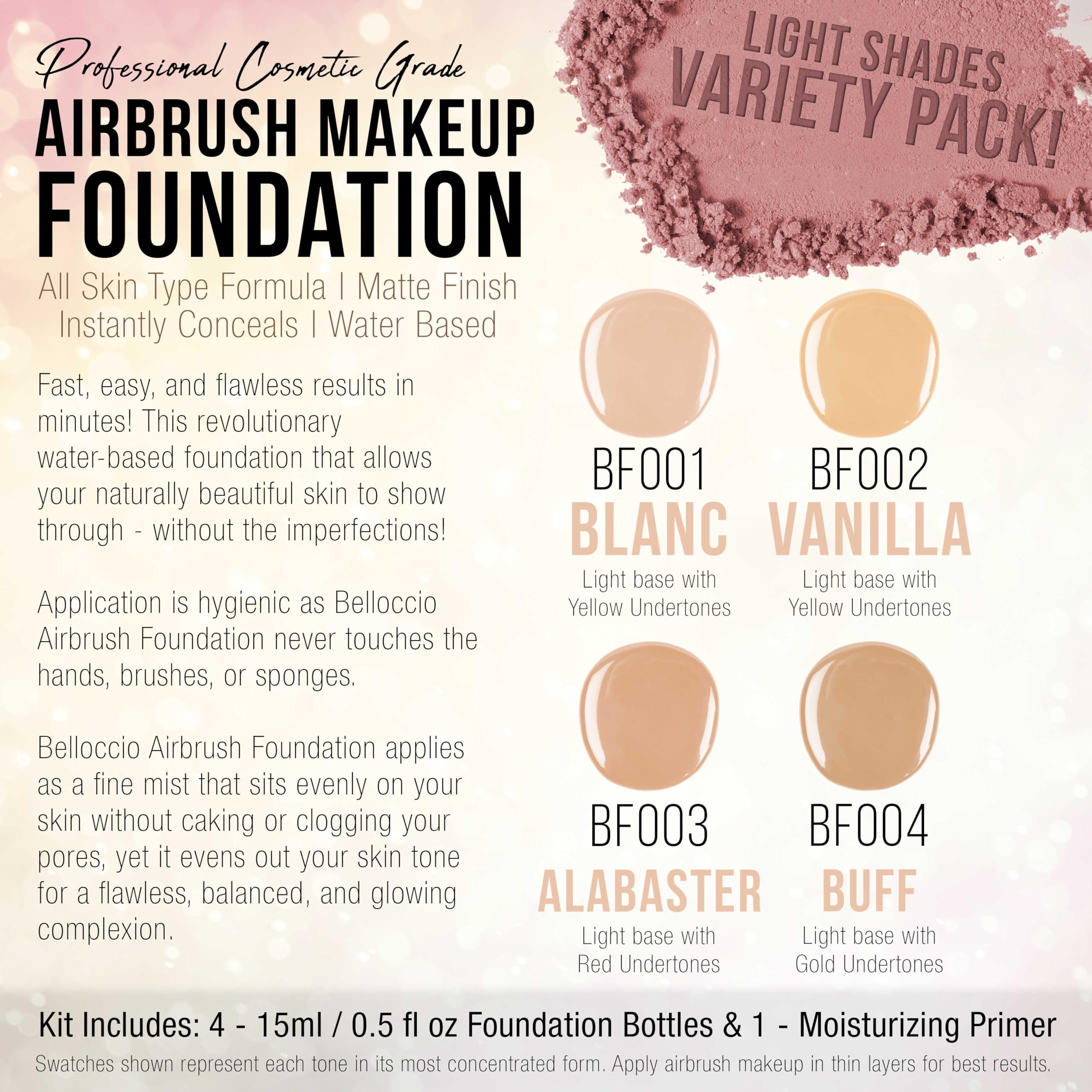 Belloccio Complete Cordless Handheld Airbrush Cosmetic Makeup System with 4 Fair Foundation Shades, Professional 18-Piece Kit, Moisturizing Primer, Blush, Bronzer, Highlighter, Concealer, User Guide